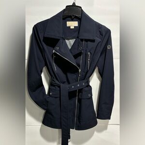 Michael Kors Navy Blue Asymmetrical Moto Style Zip Belted Trench Coat w/ Pockets